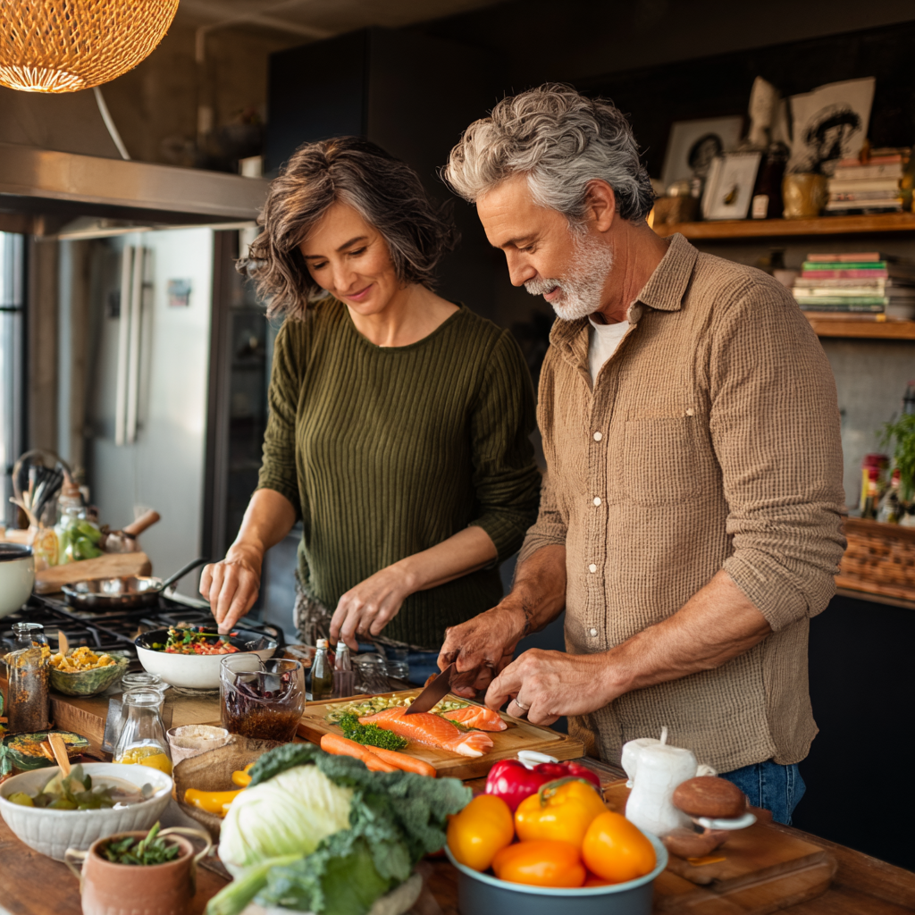 Middle-aged adults preparing healthy balanced meal together in modern kitchen