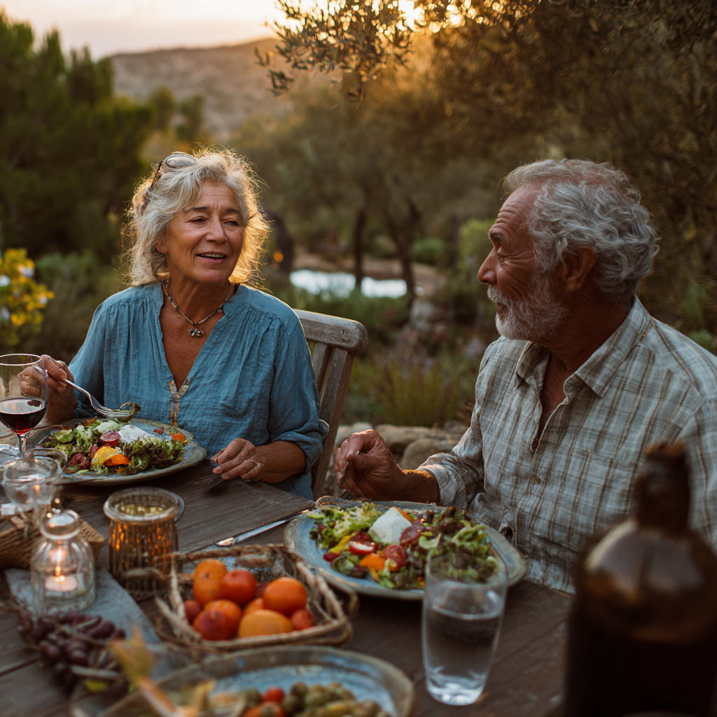 Older adults enjoying nutritious meal outdoors in peaceful natural setting